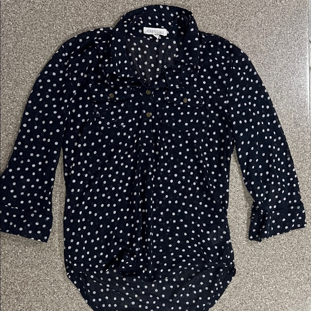Aeropostale Navy and White Polka Dot Soft & Sheer Button Down Shirt